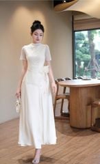 VGU0719 ĐẦM LỤA PHỐI REN HOA EO