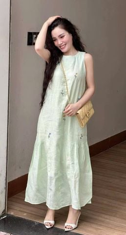 KS1006 - ĐẦM SÁT NÁCH THÊU HOA - MÀU XANH