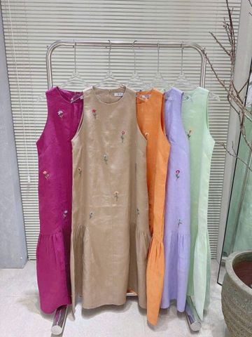 KS1007 - ĐẦM SÁT NÁCH THÊU HOA - MÀU CAM