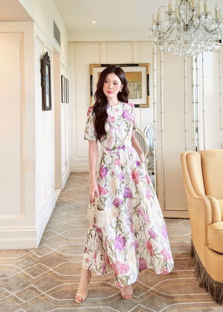 VGU0720 ĐẦM HOA TÍM DÁNG DÀI