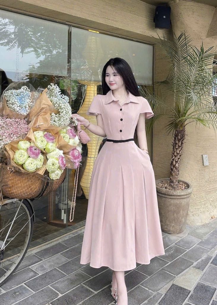 VGU0729 - ĐẦM DÀI XẾP LY VIỀN NƠ EO - MÀU HỒNG