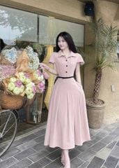 VGU0729 - ĐẦM DÀI XẾP LY VIỀN NƠ EO - MÀU HỒNG