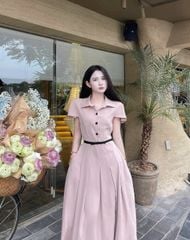 VGU0729 - ĐẦM DÀI XẾP LY VIỀN NƠ EO - MÀU HỒNG