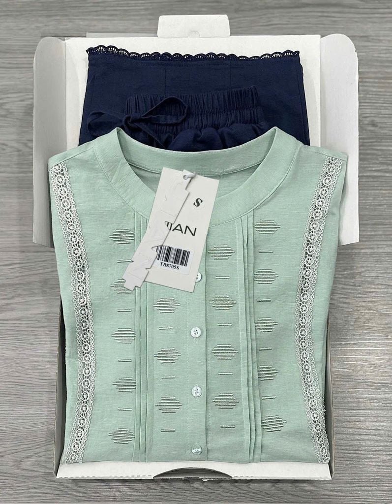 TB8705 - SET LINEN THÊU CAO CÂP VẢI WASH MỀM - MÀU XANH