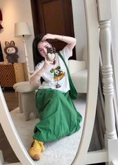 VGU0748 - SET ÁO THUN TRẮNG IN HÌNH CÚN + C.VÁY BÍ XANH KÈM TÚI (3 MÓN)