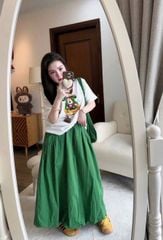 VGU0748 - SET ÁO THUN TRẮNG IN HÌNH CÚN + C.VÁY BÍ XANH KÈM TÚI (3 MÓN)