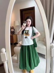 VGU0748 - SET ÁO THUN TRẮNG IN HÌNH CÚN + C.VÁY BÍ XANH KÈM TÚI (3 MÓN)