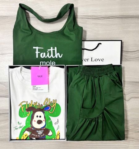 VGU0748 - SET ÁO THUN TRẮNG IN HÌNH CÚN + C.VÁY BÍ XANH KÈM TÚI (3 MÓN)