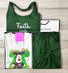VGU0748 - SET ÁO THUN TRẮNG IN HÌNH CÚN + C.VÁY BÍ XANH KÈM TÚI (3 MÓN)
