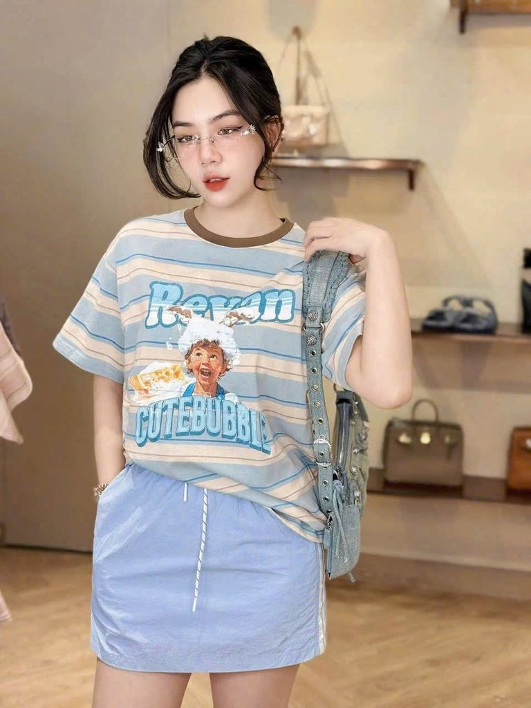 KS1017 - SET ÁO THUN SỌC IN - CHÂN VÁY NGẮN