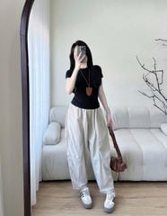 KS1019 - SET ÁO THUN ĐEN - QUẦN DÀI KEM