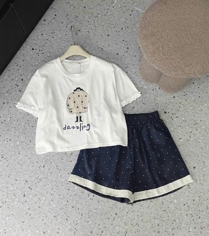 TB8750 Set áo thun viền bèo Trắng, Quần short chấm bi