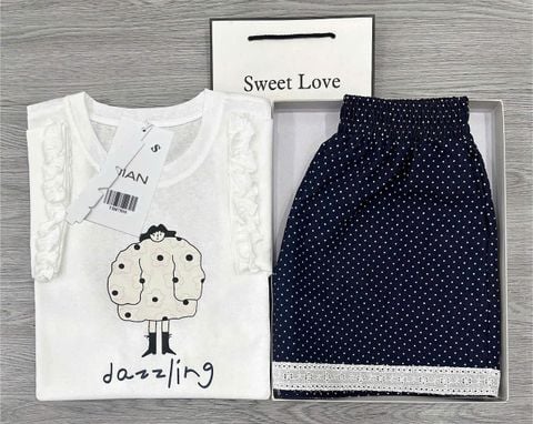 TB8750 Set áo thun viền bèo Trắng, Quần short chấm bi