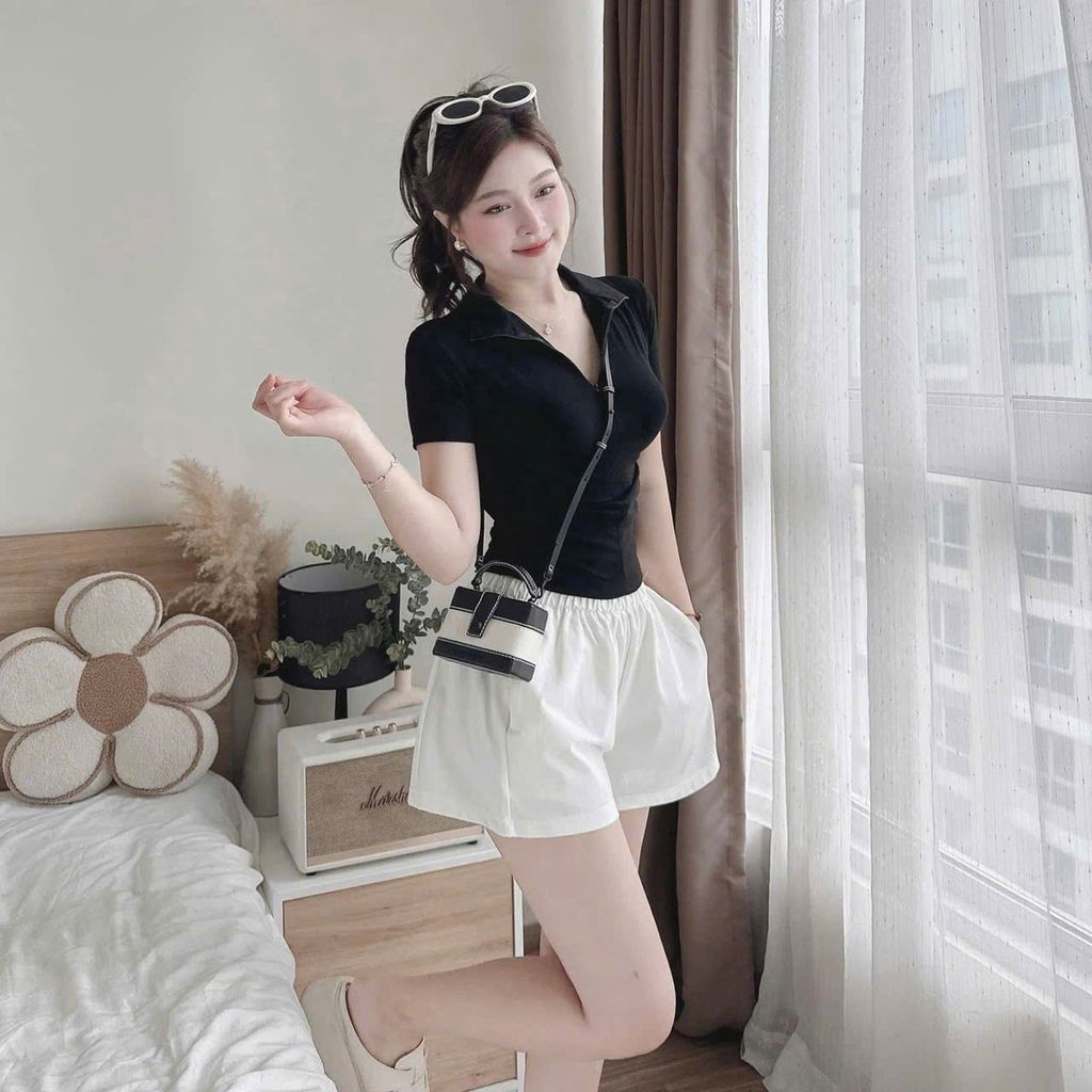 VGU0778 - ÁO THUN CỔ KHÓA KÉO PHOM NGẮN - MÀU ĐEN ( ÁO LẺ)