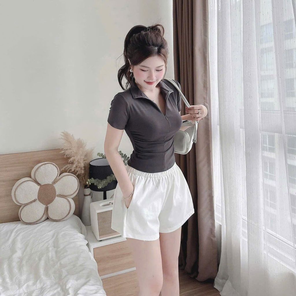 VGU0777 - ÁO THUN CỔ KHÓA KÉO PHOM NGẮN - MÀU XÁM ( ÁO LẺ)