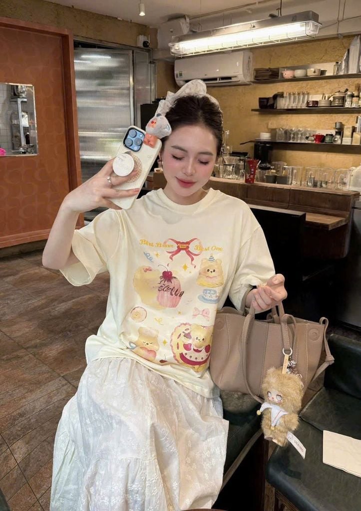 TB8756 - SET ÁO THUN IN BEAR - CHÂN VÁY THÊU