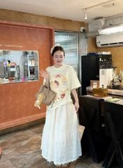 TB8756 - SET ÁO THUN IN BEAR - CHÂN VÁY THÊU