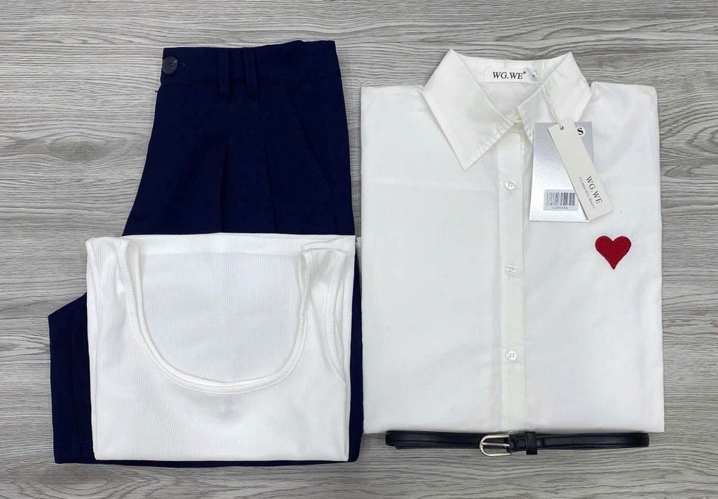 KS0945 - SET 4 MÓN - ÁO SƠ MI + ÁO 3 LỔ + QUẦN SHORT + DÂY NỊT