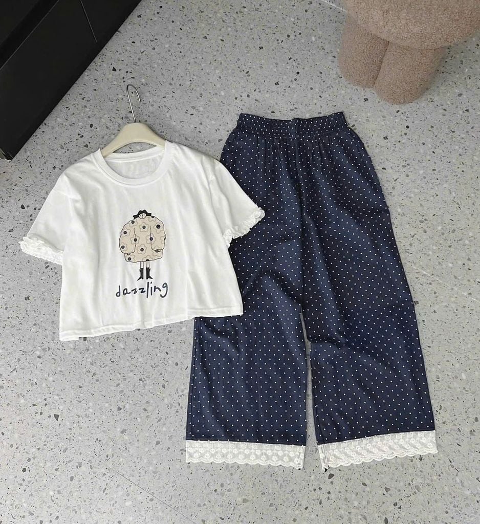 TB8762 - SET ÁO IN DAZZLING - QUẦN DÀI CHẤM BI ( ÁO TRẮNG)