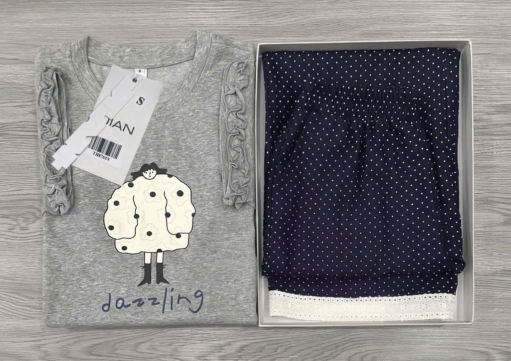 TB8761 - SET ÁO IN DAZZLING - QUẦN DÀI CHẤM BI ( ÁO XÁM)