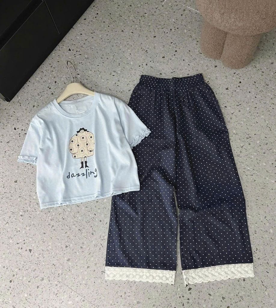 TB8760 - SET ÁO IN DAZZLING - QUẦN DÀI CHẤM BI ( ÁO XANH)