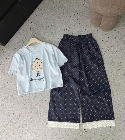 TB8760 - SET ÁO IN DAZZLING - QUẦN DÀI CHẤM BI ( ÁO XANH)