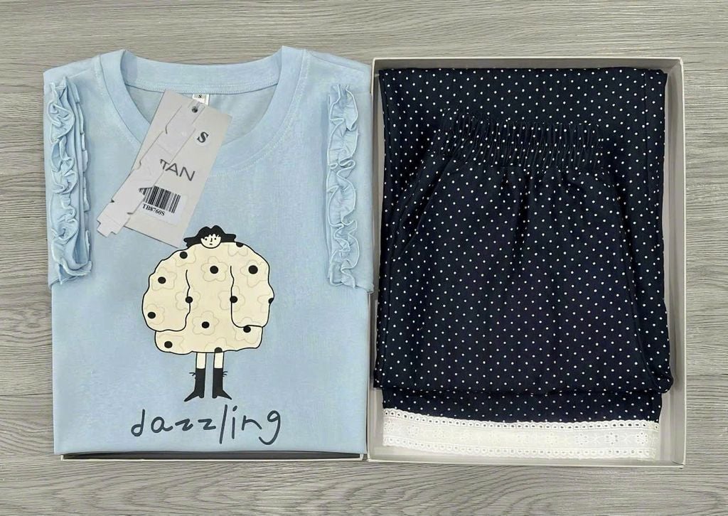 TB8760 - SET ÁO IN DAZZLING - QUẦN DÀI CHẤM BI ( ÁO XANH)