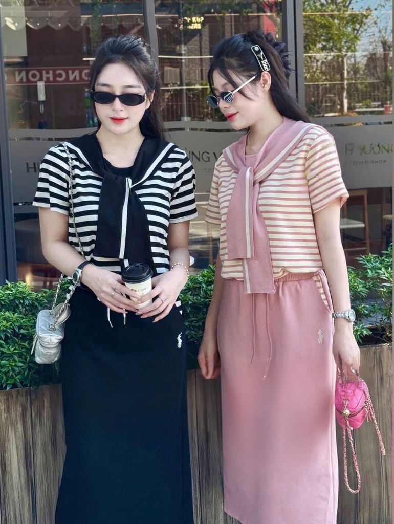 VGU0811 - SET ÁO THUN SỌC - CHÂN VÁY ĐEN ( KÈM KHĂN CHOÀNG)