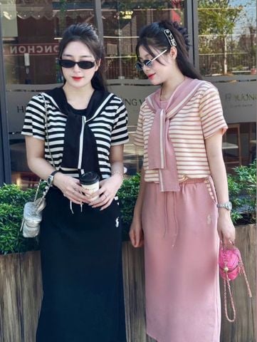 VGU0811 - SET ÁO THUN SỌC - CHÂN VÁY ĐEN ( KÈM KHĂN CHOÀNG)