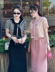 VGU0811 - SET ÁO THUN SỌC - CHÂN VÁY ĐEN ( KÈM KHĂN CHOÀNG)