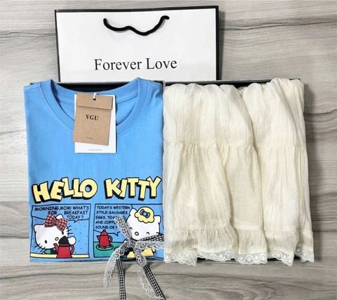 VGU0813 - SET ÁO THUN IN HELLO KITTY - CHÂN VÁY PHỐI VIỀN REN