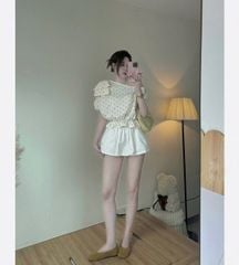 KS1061 - SET ÁO CHẤM BI LỆCH VAI ĐÍNH NƠ - CHÂN VÁY NGẮN