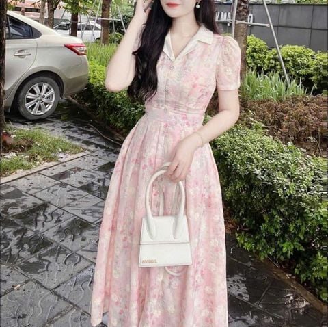 KS1052 - ĐẦM HOA NHÍ CỔ SƠ MI - MÀU HỒNG