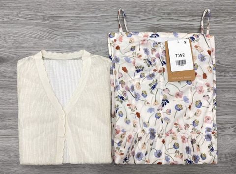 KS1042 - SET ĐẦM HOA + ÁO KHOÁC - MÀU KEM