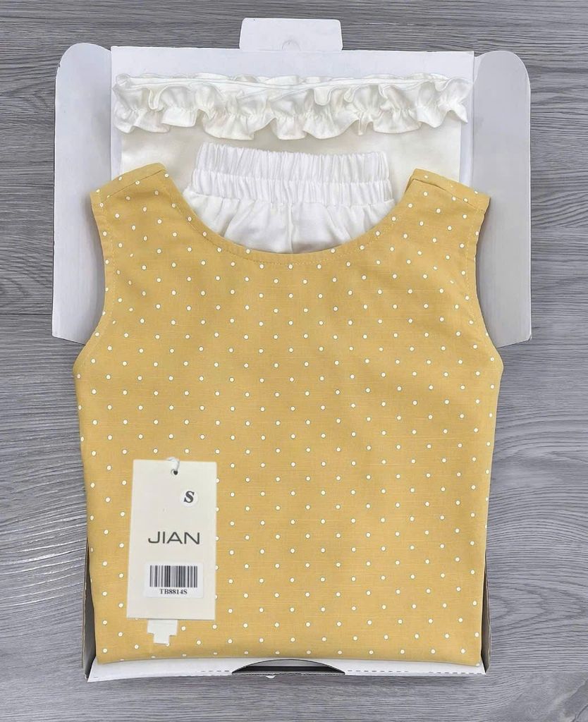 TB8814 - SET ÁO CHẤM BI SÁT NÁCH VÀNG - QUẦN DÀI VIỀN BÈO