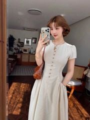 TB5786 - ĐẦM XÒE NÚT NGỰC CÓ TÚI - MÀU NÂU SỮA