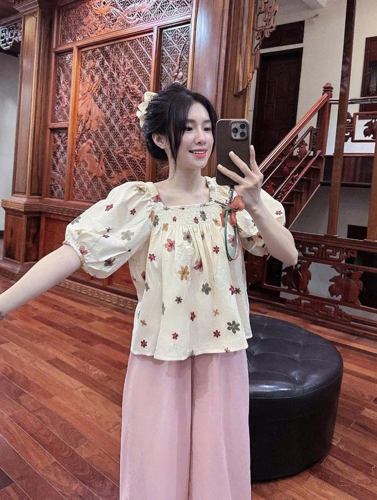 TB5789 - SET ÁO THÊU HOA - QUẦN DÀI PHỐI BÈO HỒNG