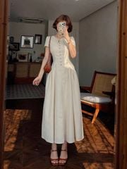 TB5786 - ĐẦM XÒE NÚT NGỰC CÓ TÚI - MÀU NÂU SỮA