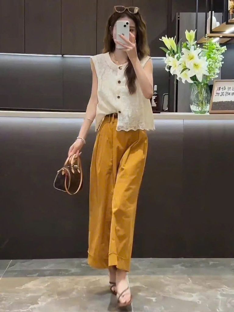 VGU0860 - SET REN ÁO SÁT NÁCH THÊU- QUẦN DÀI VÀNG ( KO KÈM NỊT)