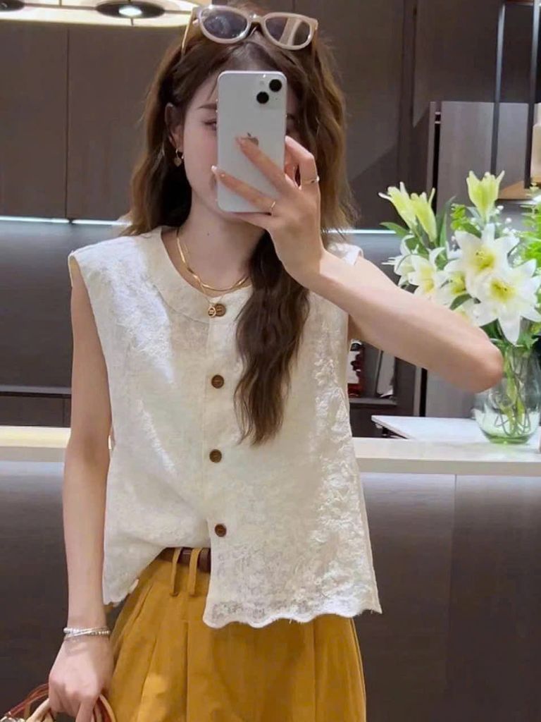 VGU0860 - SET REN ÁO SÁT NÁCH THÊU- QUẦN DÀI VÀNG ( KO KÈM NỊT)