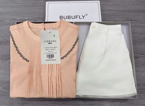 TB8835 SET LINEN THÊU BI NỔI, QUẦN SHORT (CAM)