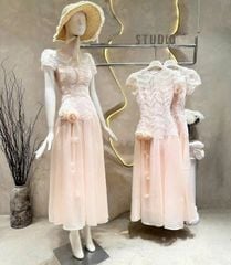 VGU0833 ĐẦM HỒNG REN SÓNG NƠ EO