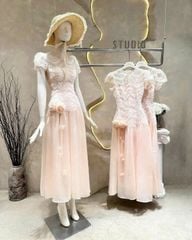 VGU0833 ĐẦM HỒNG REN SÓNG NƠ EO