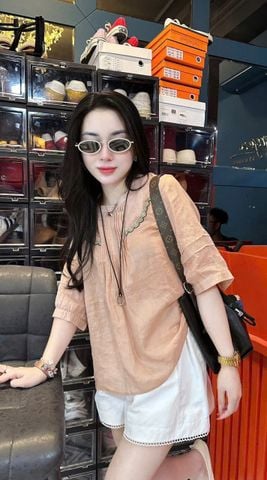 TB8835 SET LINEN THÊU BI NỔI, QUẦN SHORT (CAM)