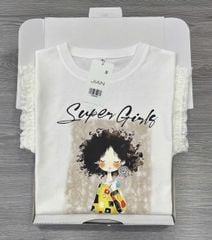 TB8868 - ÁO THUN IN HÌNH SUPER GIRLS TAY VIỀN BÈO - MÀU TRẮNG ( ÁO LẺ)