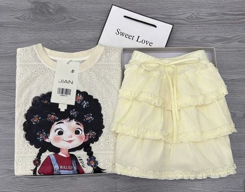 TB8837 - SET ÁO REN IN CÔ BÉ TÓC XÙ+CHÂN VÁY TẦNG - MÀU VÀNG