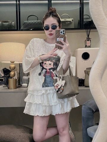 TB8837 - SET ÁO REN IN CÔ BÉ TÓC XÙ+CHÂN VÁY TẦNG - MÀU VÀNG