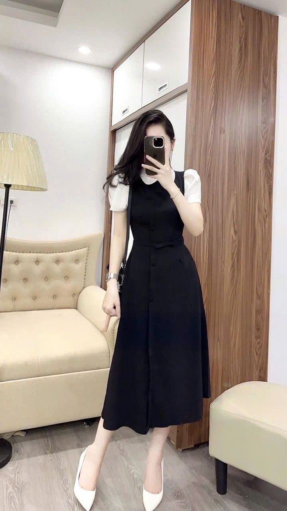 TQ4437 - ĐẦM CÔNG SỞ DÀI ĐEN PHỐI TRẮNG