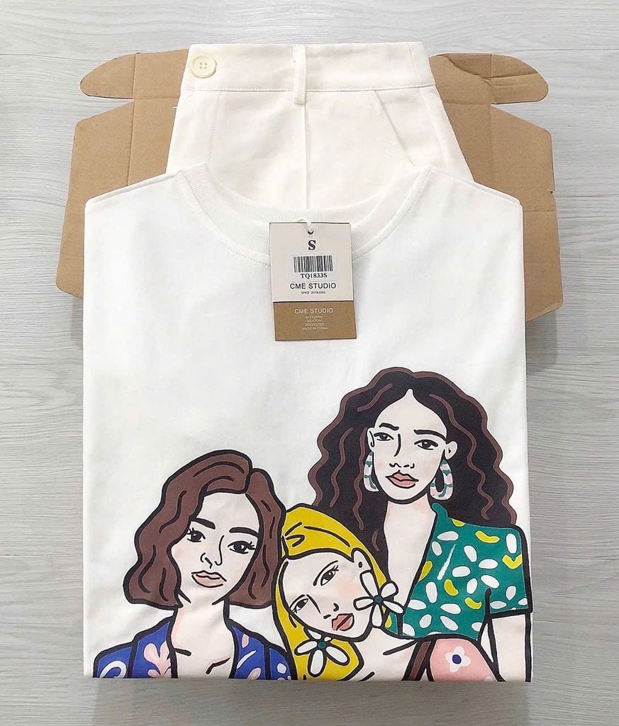 TQ1833 - SET ÁO THUN IN 3 CÔ GÁI - QUẦN SHORT TRẮNG
