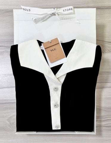 VGU0959 ĐẦM ĐEN CỔ SƠMI NÚT ĐÁ (KO NỊT)